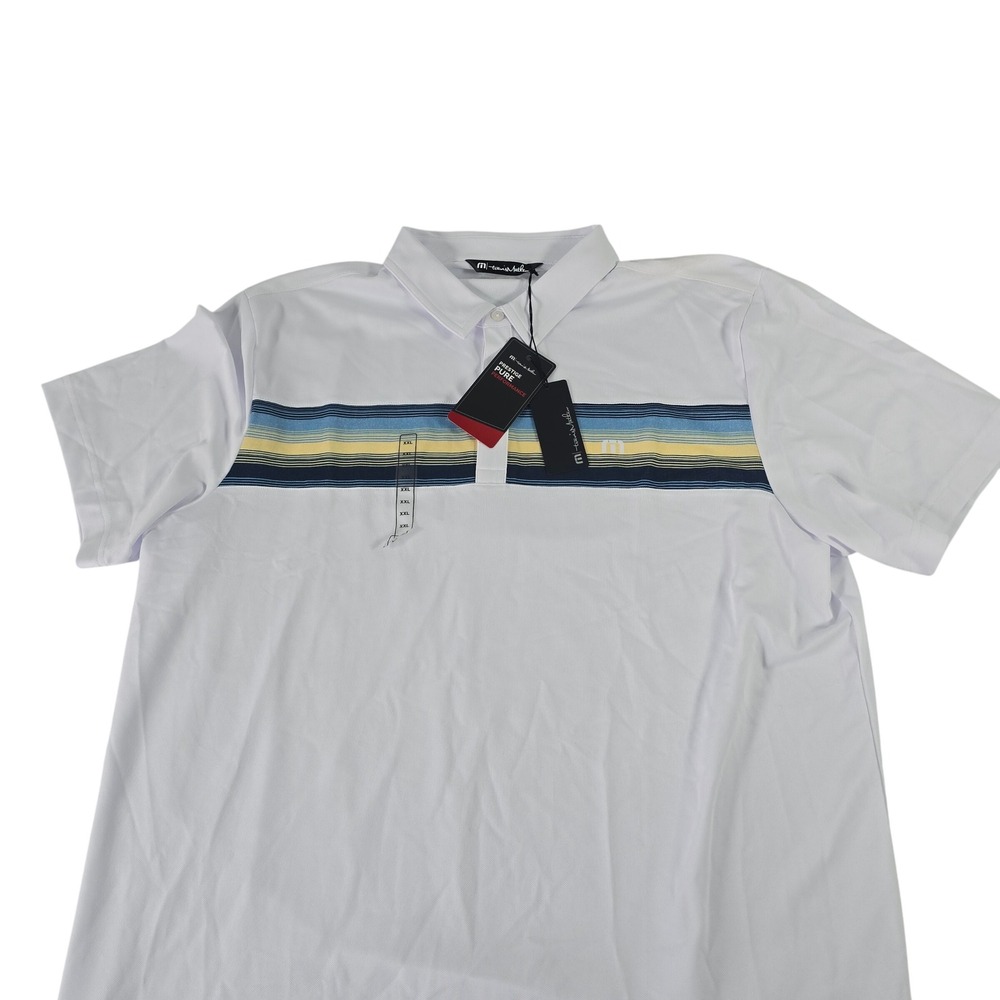 TravisMathew‎ Mens XXL White Prestige Pure Performance Striped Golf Polo Shirt